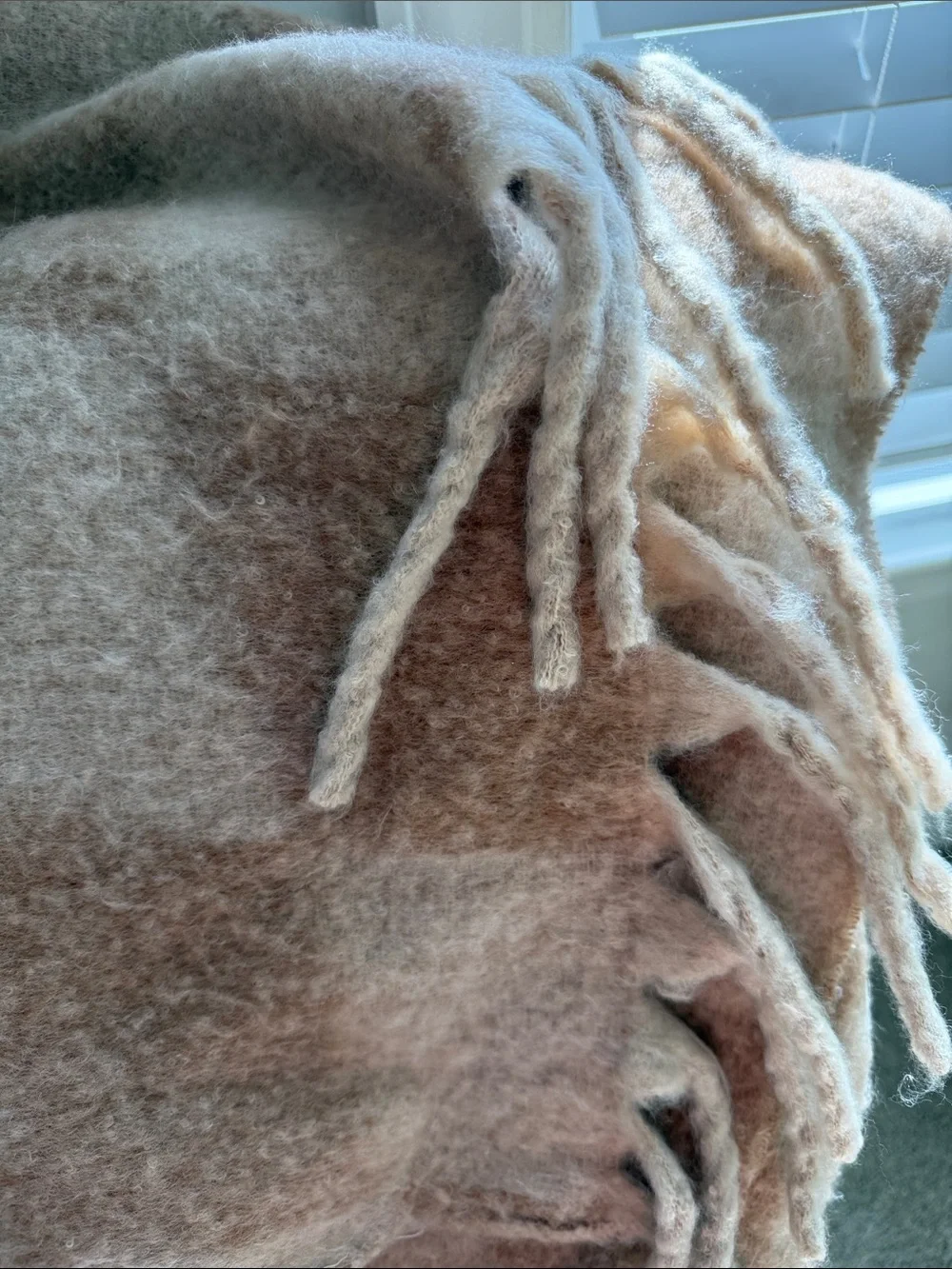 Cozy Beige Plaid XL Scarf - Soft Fringe Accent